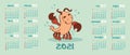 Calendar for 2021. Zodiac sign Cancer, a cheerful cartoon animal.